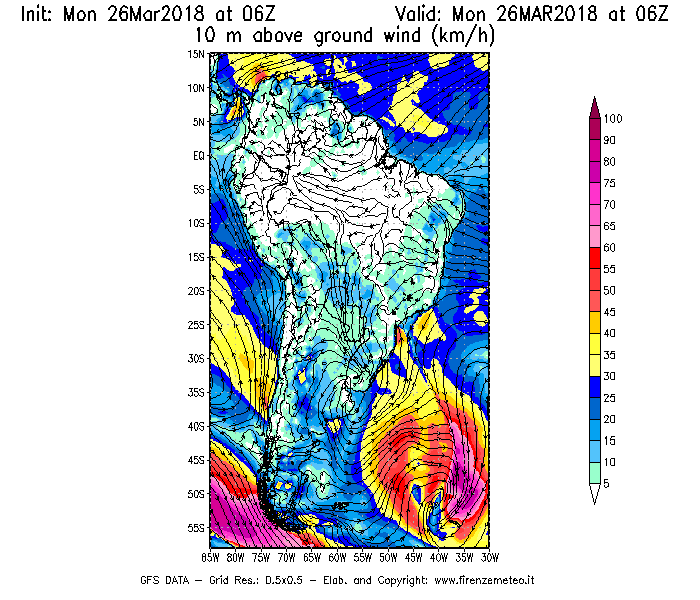 Mappa di analisi GFS - Velocità del vento a 10 metri dal suolo [km/h] in Sud-America
									del 26/03/2018 06 <!--googleoff: index-->UTC<!--googleon: index-->