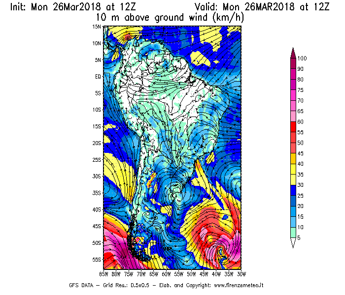 Mappa di analisi GFS - Velocità del vento a 10 metri dal suolo [km/h] in Sud-America
									del 26/03/2018 12 <!--googleoff: index-->UTC<!--googleon: index-->