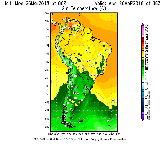 Mappa di analisi GFS - Temperatura a 2 metri dal suolo [°C] in Sud-America
									del 26/03/2018 06 <!--googleoff: index-->UTC<!--googleon: index-->