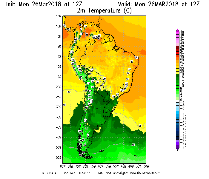 Mappa di analisi GFS - Temperatura a 2 metri dal suolo [°C] in Sud-America
									del 26/03/2018 12 <!--googleoff: index-->UTC<!--googleon: index-->
