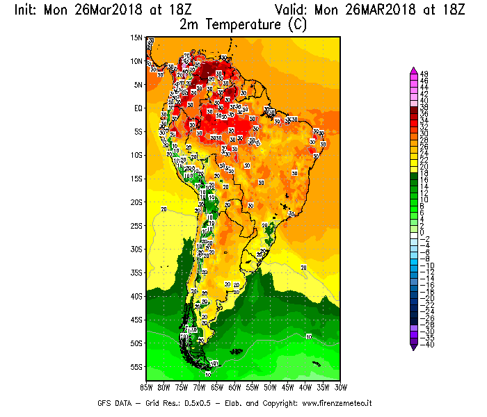 Mappa di analisi GFS - Temperatura a 2 metri dal suolo [°C] in Sud-America
									del 26/03/2018 18 <!--googleoff: index-->UTC<!--googleon: index-->