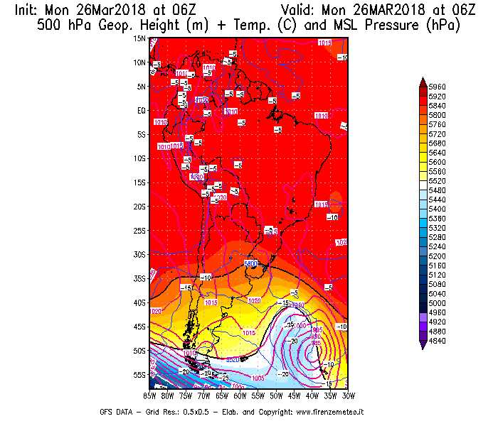 Mappa di analisi GFS - Geopotenziale [m] + Temp. [°C] a 500 hPa + Press. a livello del mare [hPa] in Sud-America
									del 26/03/2018 06 <!--googleoff: index-->UTC<!--googleon: index-->