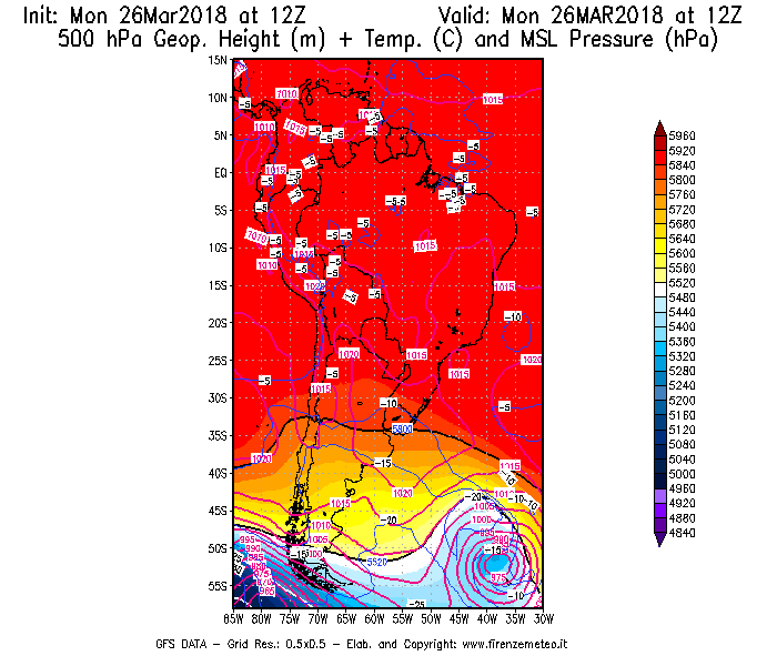 Mappa di analisi GFS - Geopotenziale [m] + Temp. [°C] a 500 hPa + Press. a livello del mare [hPa] in Sud-America
									del 26/03/2018 12 <!--googleoff: index-->UTC<!--googleon: index-->
