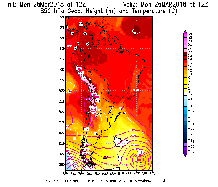Mappa di analisi GFS - Geopotenziale [m] e Temperatura [°C] a 850 hPa in Sud-America
									del 26/03/2018 12 <!--googleoff: index-->UTC<!--googleon: index-->