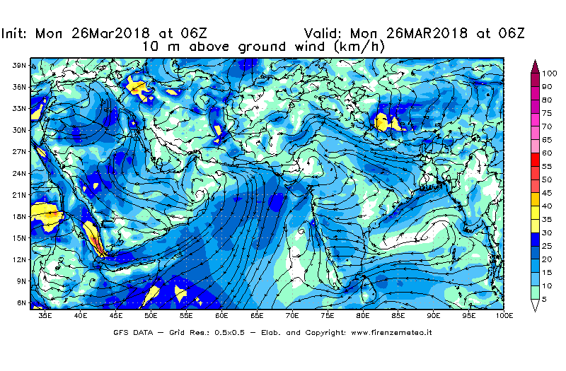 Mappa di analisi GFS - Velocità del vento a 10 metri dal suolo [km/h] in Asia Sud-Occidentale
									del 26/03/2018 06 <!--googleoff: index-->UTC<!--googleon: index-->