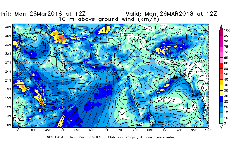 Mappa di analisi GFS - Velocità del vento a 10 metri dal suolo [km/h] in Asia Sud-Occidentale
									del 26/03/2018 12 <!--googleoff: index-->UTC<!--googleon: index-->