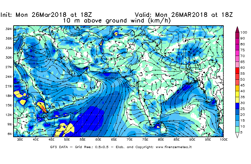 Mappa di analisi GFS - Velocità del vento a 10 metri dal suolo [km/h] in Asia Sud-Occidentale
									del 26/03/2018 18 <!--googleoff: index-->UTC<!--googleon: index-->