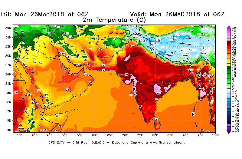 Mappa di analisi GFS - Temperatura a 2 metri dal suolo [°C] in Asia Sud-Occidentale
									del 26/03/2018 06 <!--googleoff: index-->UTC<!--googleon: index-->