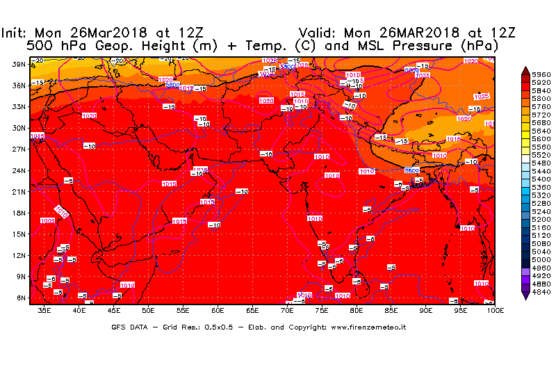 Mappa di analisi GFS - Geopotenziale [m] + Temp. [°C] a 500 hPa + Press. a livello del mare [hPa] in Asia Sud-Occidentale
									del 26/03/2018 12 <!--googleoff: index-->UTC<!--googleon: index-->