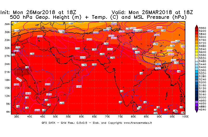 Mappa di analisi GFS - Geopotenziale [m] + Temp. [°C] a 500 hPa + Press. a livello del mare [hPa] in Asia Sud-Occidentale
									del 26/03/2018 18 <!--googleoff: index-->UTC<!--googleon: index-->