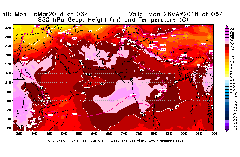 Mappa di analisi GFS - Geopotenziale [m] e Temperatura [°C] a 850 hPa in Asia Sud-Occidentale
									del 26/03/2018 06 <!--googleoff: index-->UTC<!--googleon: index-->