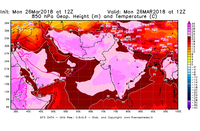 Mappa di analisi GFS - Geopotenziale [m] e Temperatura [°C] a 850 hPa in Asia Sud-Occidentale
									del 26/03/2018 12 <!--googleoff: index-->UTC<!--googleon: index-->