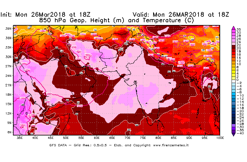 Mappa di analisi GFS - Geopotenziale [m] e Temperatura [°C] a 850 hPa in Asia Sud-Occidentale
									del 26/03/2018 18 <!--googleoff: index-->UTC<!--googleon: index-->