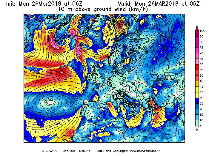 Mappa di analisi GFS - Velocità del vento a 10 metri dal suolo [km/h] in Europa
									del 26/03/2018 06 <!--googleoff: index-->UTC<!--googleon: index-->