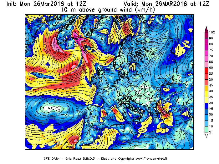 Mappa di analisi GFS - Velocità del vento a 10 metri dal suolo [km/h] in Europa
									del 26/03/2018 12 <!--googleoff: index-->UTC<!--googleon: index-->