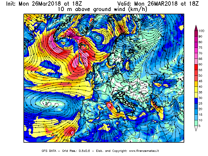 Mappa di analisi GFS - Velocità del vento a 10 metri dal suolo [km/h] in Europa
									del 26/03/2018 18 <!--googleoff: index-->UTC<!--googleon: index-->