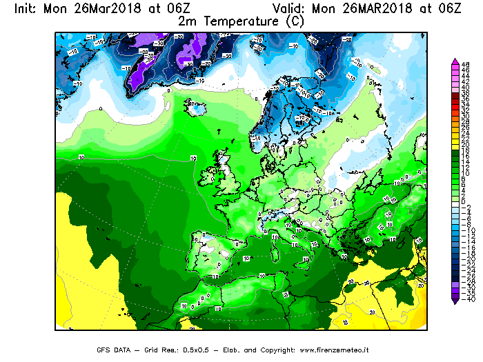 Mappa di analisi GFS - Temperatura a 2 metri dal suolo [°C] in Europa
									del 26/03/2018 06 <!--googleoff: index-->UTC<!--googleon: index-->