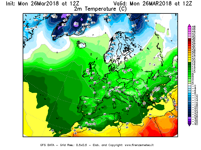 Mappa di analisi GFS - Temperatura a 2 metri dal suolo [°C] in Europa
									del 26/03/2018 12 <!--googleoff: index-->UTC<!--googleon: index-->