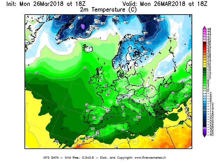 Mappa di analisi GFS - Temperatura a 2 metri dal suolo [°C] in Europa
									del 26/03/2018 18 <!--googleoff: index-->UTC<!--googleon: index-->