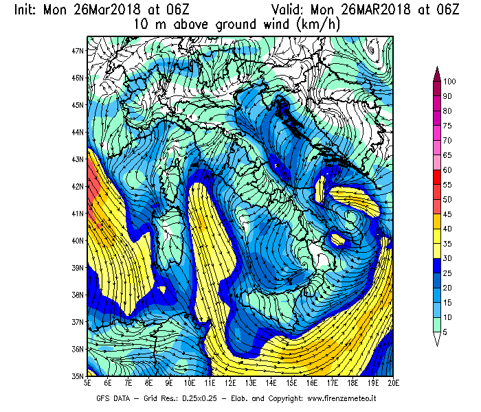Mappa di analisi GFS - Velocità del vento a 10 metri dal suolo [km/h] in Italia
									del 26/03/2018 06 <!--googleoff: index-->UTC<!--googleon: index-->
