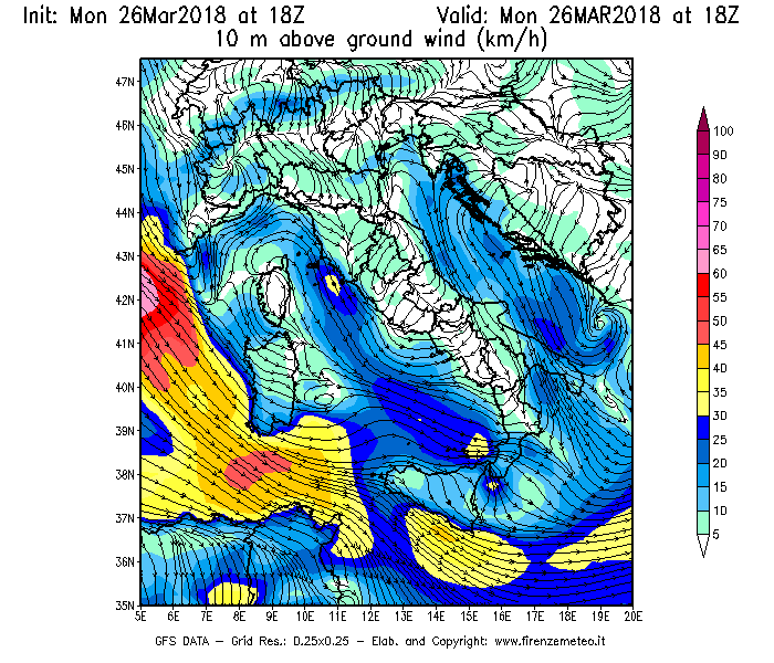 Mappa di analisi GFS - Velocità del vento a 10 metri dal suolo [km/h] in Italia
									del 26/03/2018 18 <!--googleoff: index-->UTC<!--googleon: index-->