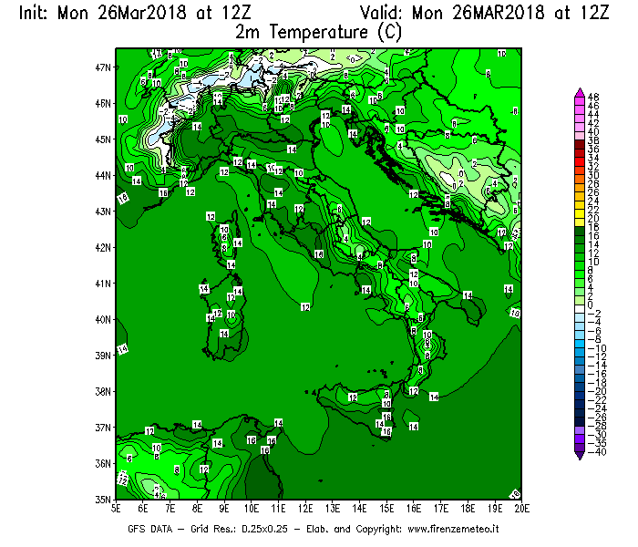 Mappa di analisi GFS - Temperatura a 2 metri dal suolo [°C] in Italia
									del 26/03/2018 12 <!--googleoff: index-->UTC<!--googleon: index-->