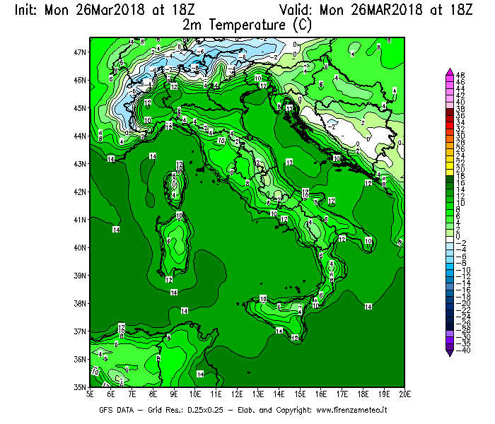 Mappa di analisi GFS - Temperatura a 2 metri dal suolo [°C] in Italia
									del 26/03/2018 18 <!--googleoff: index-->UTC<!--googleon: index-->