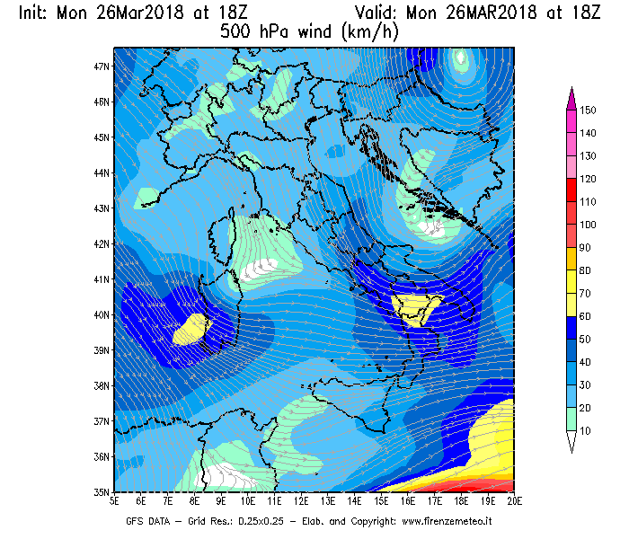 Mappa di analisi GFS - Velocità del vento a 500 hPa [km/h] in Italia
									del 26/03/2018 18 <!--googleoff: index-->UTC<!--googleon: index-->