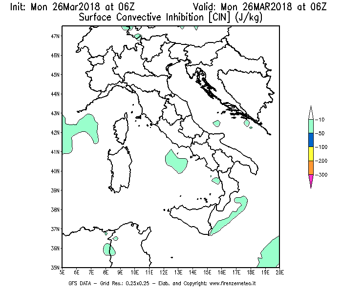 Mappa di analisi GFS - CIN [J/kg] in Italia
									del 26/03/2018 06 <!--googleoff: index-->UTC<!--googleon: index-->
