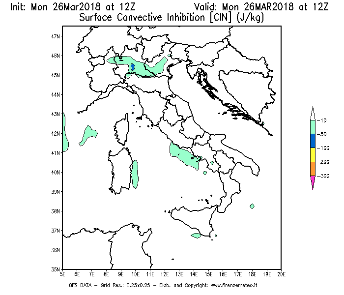 Mappa di analisi GFS - CIN [J/kg] in Italia
									del 26/03/2018 12 <!--googleoff: index-->UTC<!--googleon: index-->