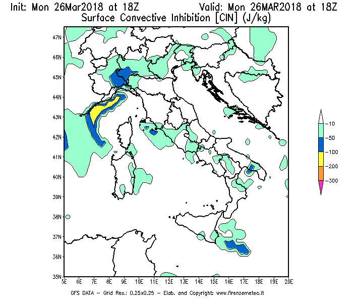 Mappa di analisi GFS - CIN [J/kg] in Italia
									del 26/03/2018 18 <!--googleoff: index-->UTC<!--googleon: index-->