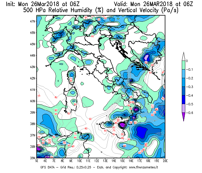 Mappa di analisi GFS - Umidità relativa [%] e Omega [Pa/s] a 500 hPa in Italia
									del 26/03/2018 06 <!--googleoff: index-->UTC<!--googleon: index-->