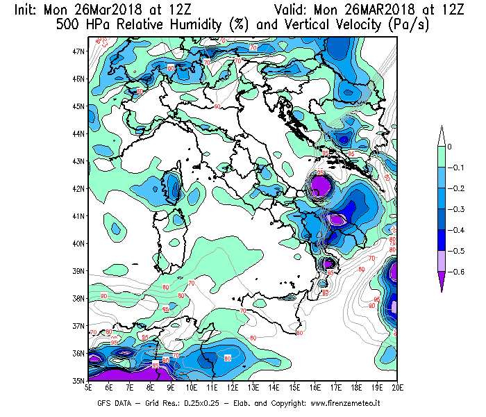 Mappa di analisi GFS - Umidità relativa [%] e Omega [Pa/s] a 500 hPa in Italia
									del 26/03/2018 12 <!--googleoff: index-->UTC<!--googleon: index-->