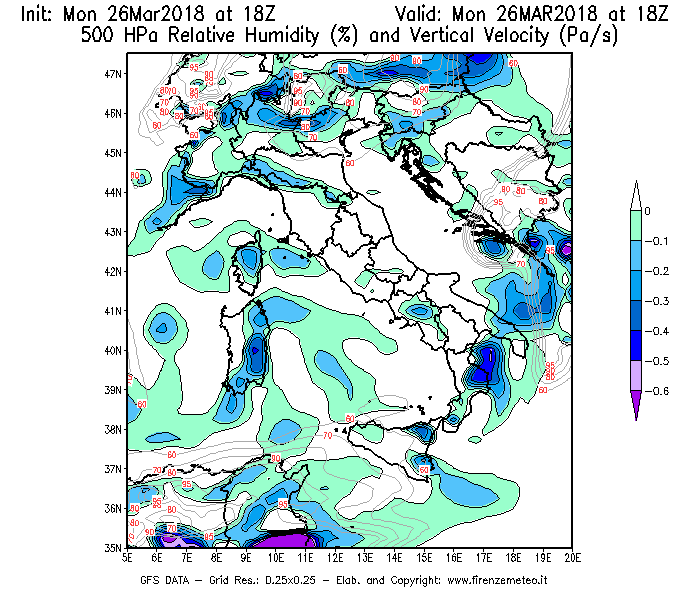 Mappa di analisi GFS - Umidità relativa [%] e Omega [Pa/s] a 500 hPa in Italia
									del 26/03/2018 18 <!--googleoff: index-->UTC<!--googleon: index-->