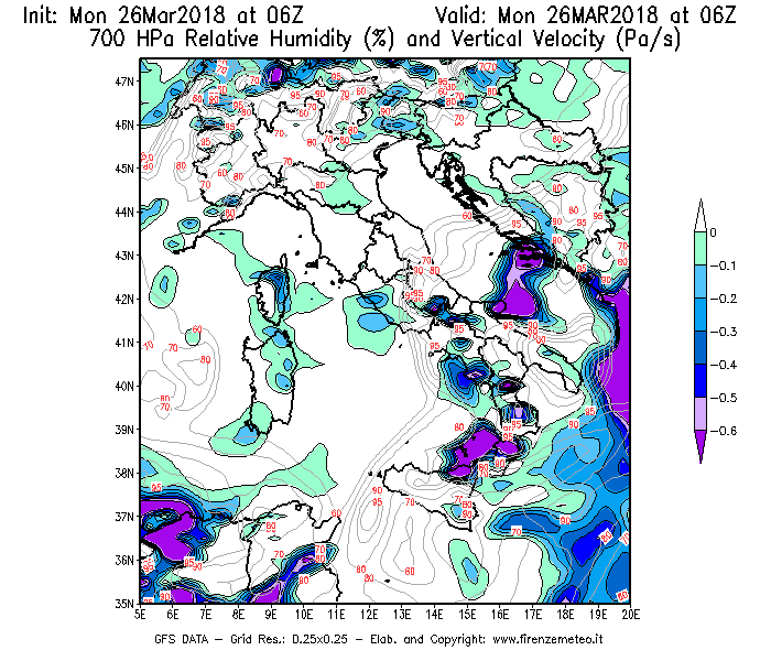 Mappa di analisi GFS - Umidità relativa [%] e Omega [Pa/s] a 700 hPa in Italia
									del 26/03/2018 06 <!--googleoff: index-->UTC<!--googleon: index-->