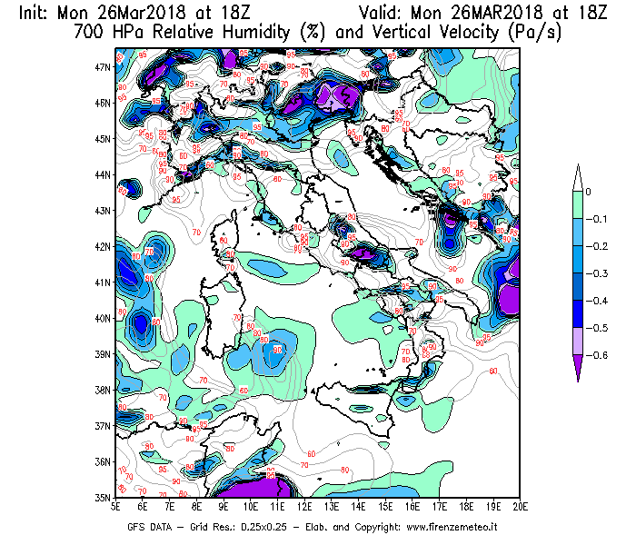 Mappa di analisi GFS - Umidità relativa [%] e Omega [Pa/s] a 700 hPa in Italia
									del 26/03/2018 18 <!--googleoff: index-->UTC<!--googleon: index-->