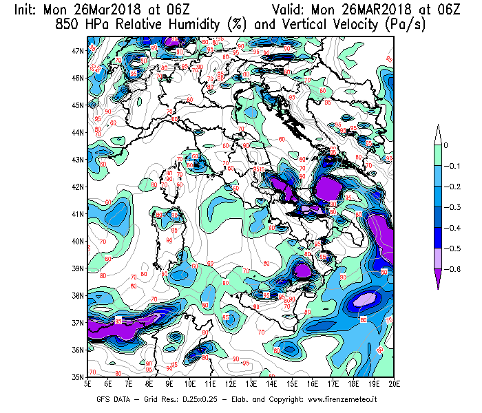 Mappa di analisi GFS - Umidità relativa [%] e Omega [Pa/s] a 850 hPa in Italia
									del 26/03/2018 06 <!--googleoff: index-->UTC<!--googleon: index-->