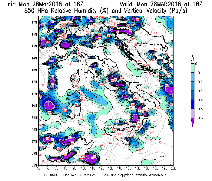 Mappa di analisi GFS - Umidità relativa [%] e Omega [Pa/s] a 850 hPa in Italia
									del 26/03/2018 18 <!--googleoff: index-->UTC<!--googleon: index-->