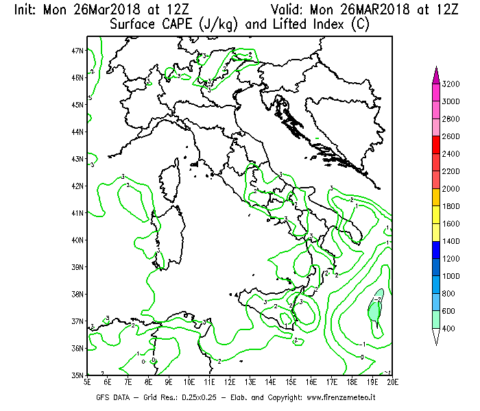 Mappa di analisi GFS - CAPE [J/kg] e Lifted Index [°C] in Italia
									del 26/03/2018 12 <!--googleoff: index-->UTC<!--googleon: index-->