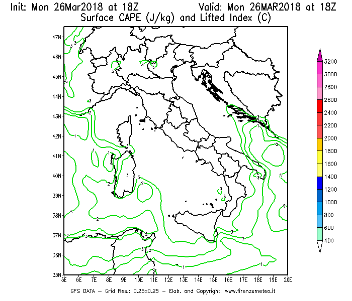 Mappa di analisi GFS - CAPE [J/kg] e Lifted Index [°C] in Italia
									del 26/03/2018 18 <!--googleoff: index-->UTC<!--googleon: index-->