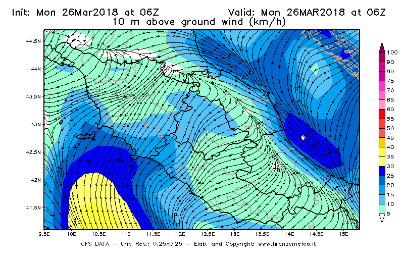 Mappa di analisi GFS - Velocità del vento a 10 metri dal suolo [km/h] in Centro-Italia
									del 26/03/2018 06 <!--googleoff: index-->UTC<!--googleon: index-->