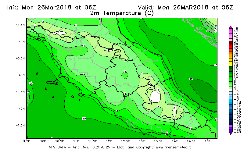 Mappa di analisi GFS - Temperatura a 2 metri dal suolo [°C] in Centro-Italia
									del 26/03/2018 06 <!--googleoff: index-->UTC<!--googleon: index-->