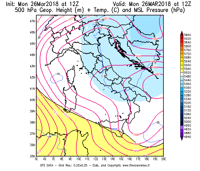 Mappa di analisi GFS - Geopotenziale [m] + Temp. [°C] a 500 hPa + Press. a livello del mare [hPa] in Italia
									del 26/03/2018 12 <!--googleoff: index-->UTC<!--googleon: index-->