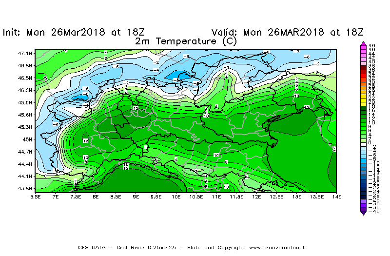 Mappa di analisi GFS - Temperatura a 2 metri dal suolo [°C] in Nord-Italia
									del 26/03/2018 18 <!--googleoff: index-->UTC<!--googleon: index-->