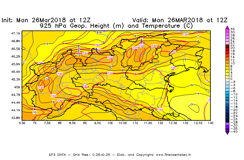 Mappa di analisi GFS - Geopotenziale [m] e Temperatura [°C] a 925 hPa in Nord-Italia
									del 26/03/2018 12 <!--googleoff: index-->UTC<!--googleon: index-->
