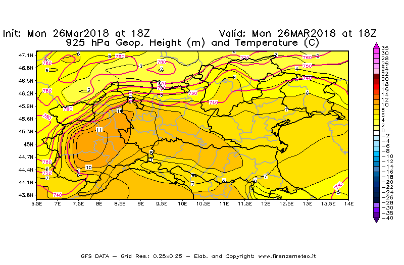 Mappa di analisi GFS - Geopotenziale [m] e Temperatura [°C] a 925 hPa in Nord-Italia
									del 26/03/2018 18 <!--googleoff: index-->UTC<!--googleon: index-->