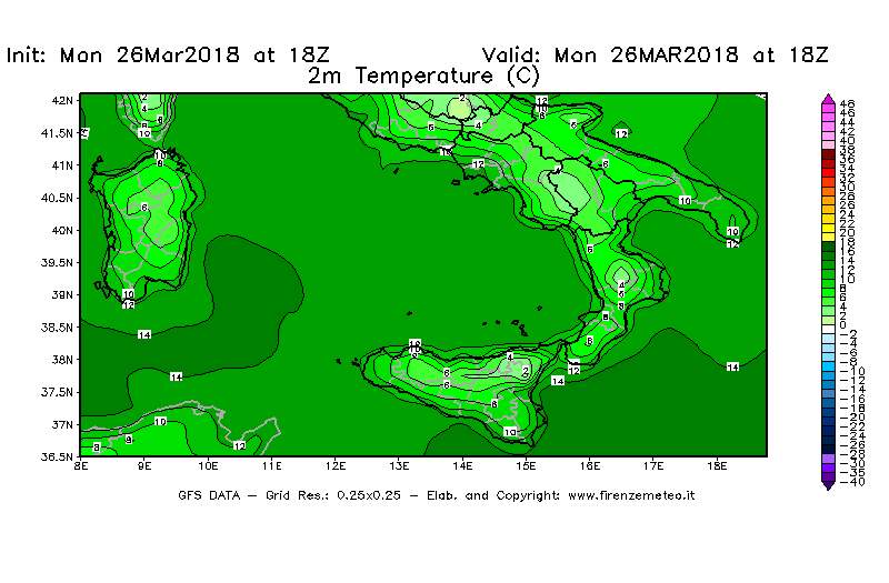 Mappa di analisi GFS - Temperatura a 2 metri dal suolo [°C] in Sud-Italia
									del 26/03/2018 18 <!--googleoff: index-->UTC<!--googleon: index-->
