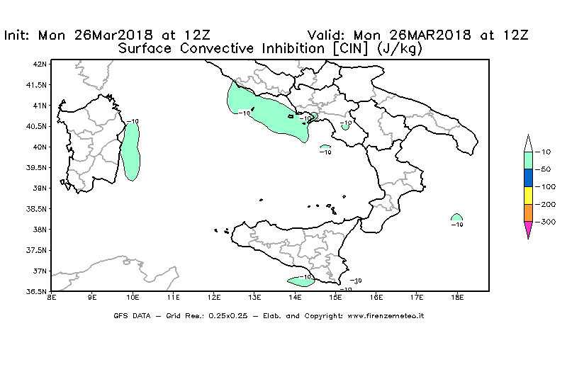 Mappa di analisi GFS - CIN [J/kg] in Sud-Italia
									del 26/03/2018 12 <!--googleoff: index-->UTC<!--googleon: index-->