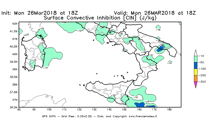 Mappa di analisi GFS - CIN [J/kg] in Sud-Italia
									del 26/03/2018 18 <!--googleoff: index-->UTC<!--googleon: index-->