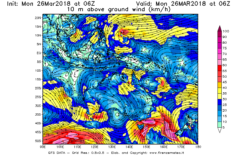 Mappa di analisi GFS - Velocità del vento a 10 metri dal suolo [km/h] in Oceania
									del 26/03/2018 06 <!--googleoff: index-->UTC<!--googleon: index-->